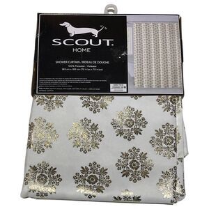 SCOUT Home Shower Curtain Snowflake Gold on White 100% Polyester 72x72” NWT